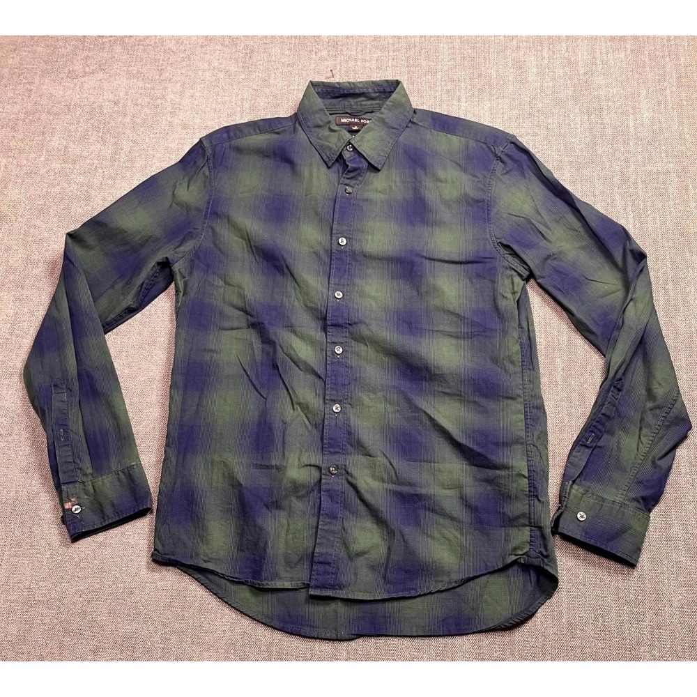 Michael Kors Shirt Mens Medium Blue Green Plaid Slim Fit Long Sleeve Button Up